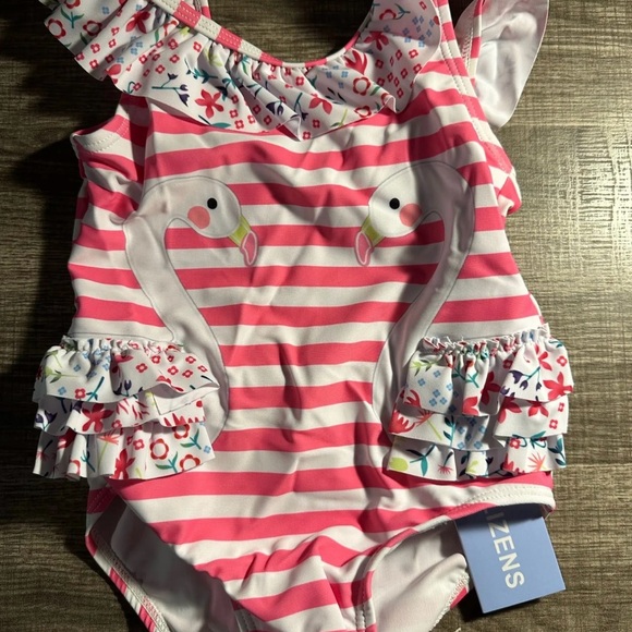 Kids Swimsuit W Flamingo Design Toddler Girl's Size 2T-3T Pink White Striped NEW - Picture 2 of 4